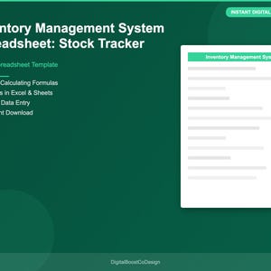 May include: A digital spreadsheet template for inventory management, titled "Stock Tracker." The green background features the text "Inventory Management System Spreadsheet: Stock Tracker" and bullet points highlighting features like auto-calculating formulas and instant download.