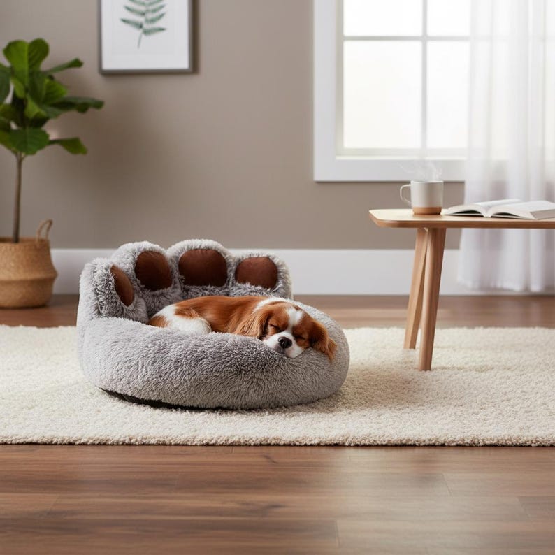 May include: A grey, plush pet bed in the shape of a paw, with brown paw pads. A small dog with brown and white fur is asleep inside the bed. The bed is on a white rug.