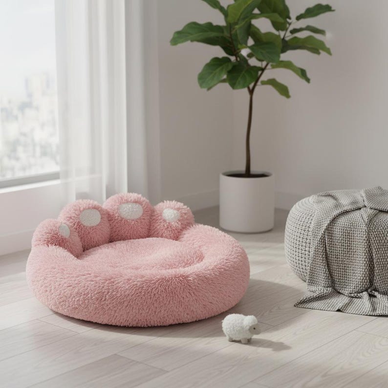 May include: A pink, fluffy pet bed in the shape of a paw, with white pads. A small, white sheep figurine is next to it. The bed is on a light wood floor, with a plant and a grey ottoman in the background.