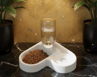 2in1 Pet Food Bowl Automatic Water Dispenser |Modern Cat and Dog Double Bowl with Gravity Water Bottle | Elegant Minimalist White Pet Feeder