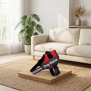 Op de afbeelding: Een rood en zwart hondentuigje met de tekst "Dog Name" op een wit label. Het tuigje heeft een reflecterende strip en een zwarte gesp. Het wordt gepresenteerd op een houten oppervlak.