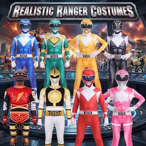 May include: Eight full-body ranger costumes in blue, green, yellow, black, red, white, and pink, featuring helmets, belts with circular buckles, and chest patterns. The text REALISTIC RANGER COSTUMES is displayed at the top of the image.