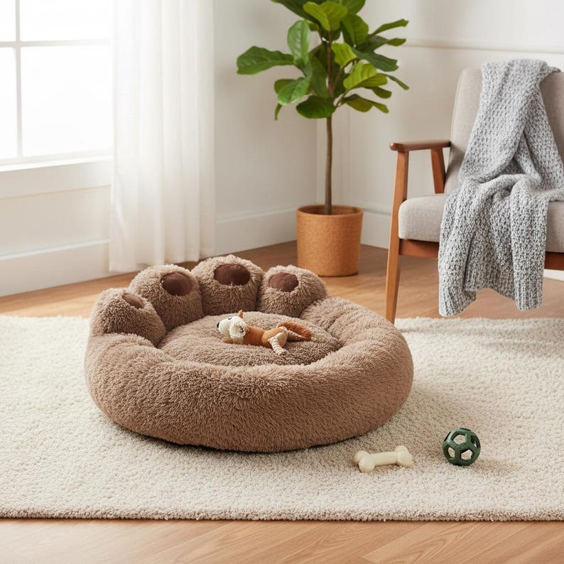 May include: A soft, brown pet bed in the shape of a paw, featuring five padded sections resembling toes. A small, brown and white stuffed toy and a bone-shaped toy are inside. A green ball toy is also present.