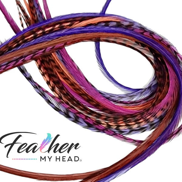 Hippie Shake Hair Feathers,  6 Feathers in Colors of Purple, Brown, and Salmon Feathers, Pick Your Length Up to 16 Plus Inches, Optional Kit