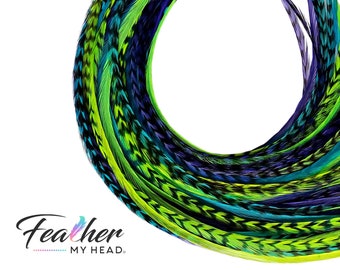 Caribbean Hair Feathers, Pick Your Length Up to 16 Plus Inches Long, 16 Premium Feathers in Turquois/ Blue, Purple and Green Colors