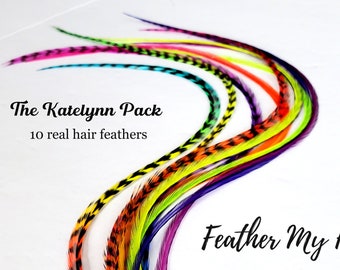 Feather Hair Extension Kit, 10 Real Hair Feathers with Optional DIY Feather Kit, Lengths Short up to 16 In Long, The Katelynn Pack