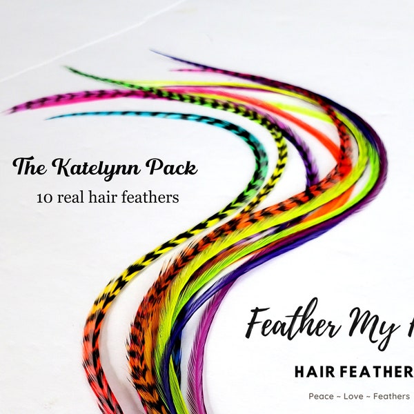 Feather Hair Extension Kit, 10 Real Hair Feathers with Optional DIY Feather Kit, Lengths Short up to 16 In Long, The Katelynn Pack