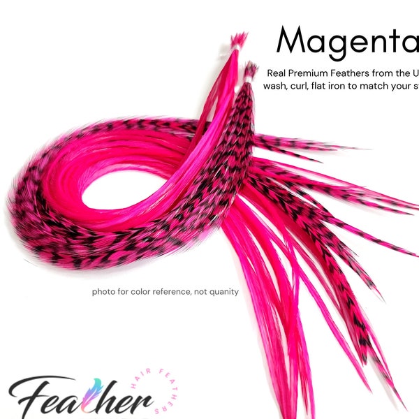 Feather Hair Extension Kit, (6) Real Feathers with Optional DIY Kit, Pick Your Length Short Feathers up to 16" Long, Magenta Pink Feathers