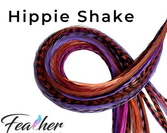 Hippie Shake Hair Feathers, 16 Feathers in Colors of Purple, Brown, and Salmon Feathers, Pick Your Length Up to 16 Plus Inches, Optional Kit