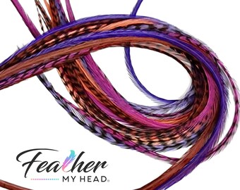 Hippie Shake Hair Feathers,  6 Feathers in Colors of Purple, Brown, and Salmon Feathers, Pick Your Length Up to 16 Plus Inches, Optional Kit