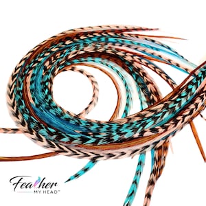 Feather Hair Extensions - 16 Real Feathers - Long and Short Hair Feathers - Optional Feather Kit - Brown, Coral and Turquoise - Sante Fe Mix