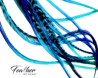 Hair Feathers, 1 Feather Extension- Ombre Colors of Blue and Turquoise - Very Long Lengths Available, Create Your Own Pack - Tidal Wave