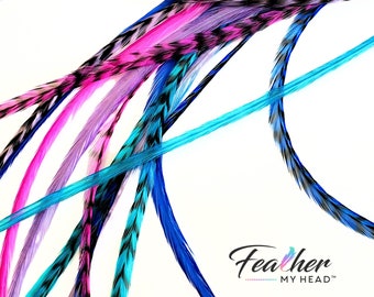 Hair Feathers - 16 Real Rooster Feathers - Pink, Blue, Purple -  Pick Your Length Up to 16 Plus Inches Long, Feather Kit - Beach Party Mix