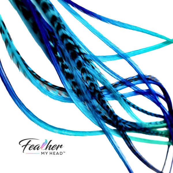 Hair Feathers, 1 Feather Extension- Ombre Colors of Blue and Turquoise - Very Long Lengths Available, Create Your Own Pack - Tidal Wave