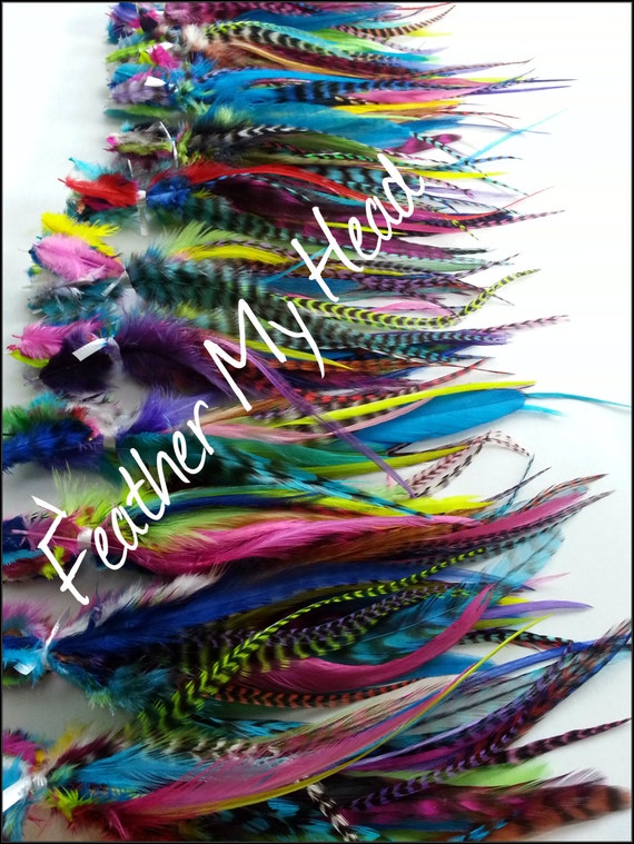 Feather Hair Extension Kit: 5 Natural Bonded Wide and Thin Rooster Feathers  3 Hair Crimps Hair Threader. Natural and Purple Tones. Diy 