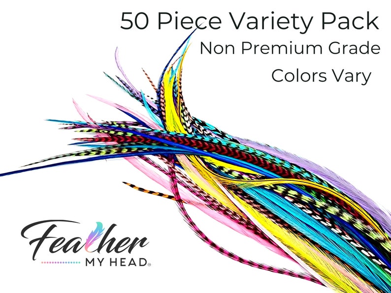 May include: A pack of 50 colorful feathers, non-premium grade, with colors varying. The feathers are arranged in a fan shape and are ready to be used for crafting or hair extensions. The text "Feather My Head" is visible at the bottom of the image.