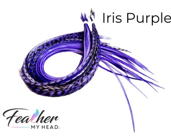 Purple Iris Hair Feather Extensions. (1) Feather, Long Lengths and Hair Feather Kit Available