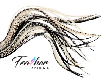 Hair Feather Extensions, 6 Premium Hair Feathers Pick Your Length, Long Feathers Over 16 Inches - Optional Feather Kit - Black and White Mix