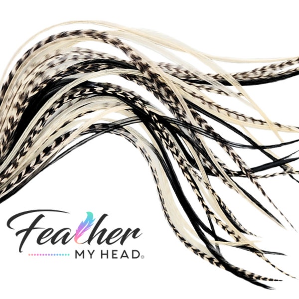 Hair Feather Extensions, 6 Premium Hair Feathers Pick Your Length, Long Feathers Over 16 Inches - Optional Feather Kit - Black and White Mix