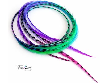 Rainbow Hair Extensions Purple Blue Green Long Real Feather Extensions Festival Hair Jelly Belly