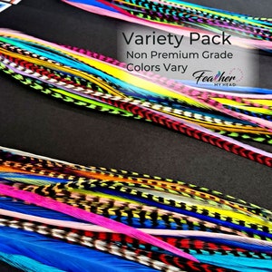 May include: A variety pack of colorful feather hair extensions. The feathers are arranged in rows and are of varying lengths. The text "Variety Pack Non Premium Grade Colors Vary Feather My Head" is visible in the image.
