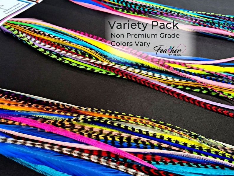 May include: A variety pack of colorful feather hair extensions. The feathers are arranged in rows and are of varying lengths. The text "Variety Pack Non Premium Grade Colors Vary Feather My Head" is visible in the image.
