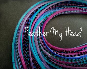 Feather Extensions 11-14 Inch Hair Feathers, Grizzly Striped Long Feathers Kit