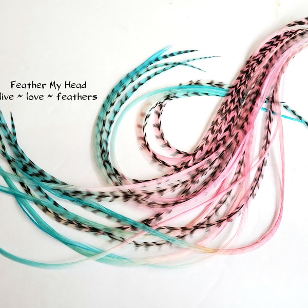 Hair Feathers. Hand Dyed in a Rainbow - Tie Dye Effect in Shades of Purple, Pink, Turquoise. 1 Pc up to 16 Inches Long. Pixie Dust Mix