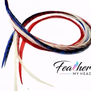 Extra long hair feathers for Memorial Day and Fourth of July, hand dyed and reusable