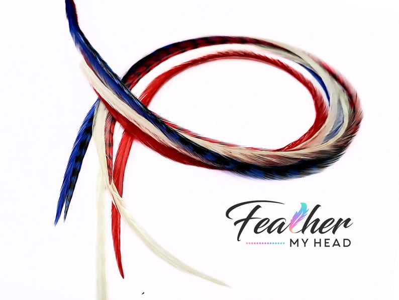 Extra long hair feathers for Memorial Day and Fourth of July, hand dyed and reusable