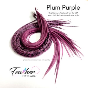 Plum Purple Hair Feather Extensions. (1) Feather, Long Lengths and Hair Feather Kit Available