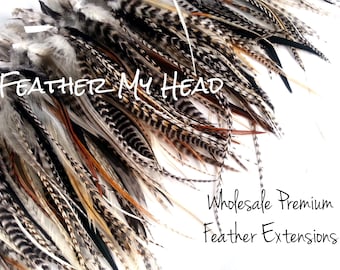 Hair Feathers, Short, Wide with Fluff at Top, Crafts, Fly Tying, Festival Accessory and Pets too! Natural Hues, Black, Brown, White, Gray