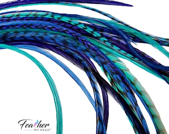 Premium Hair Feather Extensions DIY Kit Purple Blue Turquoise Real Feathers 16 Inch Long Festival Hair USA Made Hand Dyed Jaded