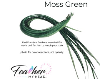 Extensiones de plumas de color verde musgo. (1) Pluma, longitudes largas y kit de plumas de cabello disponibles.