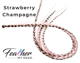 Feather Hair Extension Kit, 6 Real Hair Feathers, Pick Your Length up to 16 Inches  Long, Optional Installation Kit, Strawberry Champagne