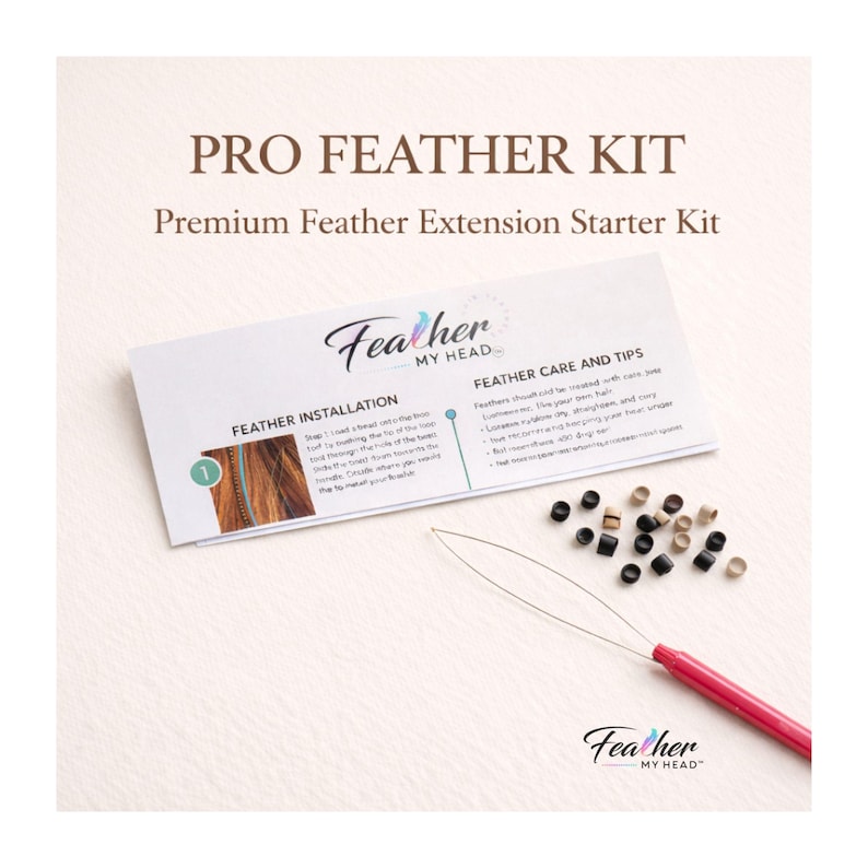 Feather My Head Pro Feather Kit with looping tool beads and instructions for installing feather hair extensions