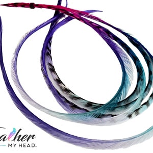 Dragonfly Hair Feather Extensions. Dyed in a Rainbow - Tie Dye Effect in Shades of Purple, Pink, Teal. 1 Strand up to 16 Inches Long.