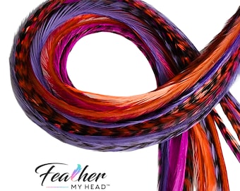 Hippie Shake Hair Feathers, 16 Feathers in Colors of Purple, Brown, and Salmon Feathers, Pick Your Length Up to 16 Plus Inches, Optional Kit