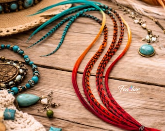 Hair Feather Extensions - Earthy Rainbow Tie Dye - Red Green Brown Long Boho Festival Western Hair - Durango
