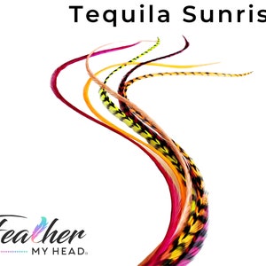 Tequila Sunrise Haarfederverlängerungen, 16 Premium Grade Haarfedern - Wählen Sie Ihre Länge mit optionalem Feder-Kit