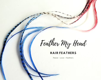 Feather Hair Extension Kit, (6) Multi Colored Tie Dye - Pick Your Length Up to 16 Inches Long - Stars And Stripes