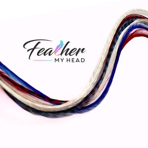 Patriotic hair accessory flat lay with hair feathers and tools, red white and blue set