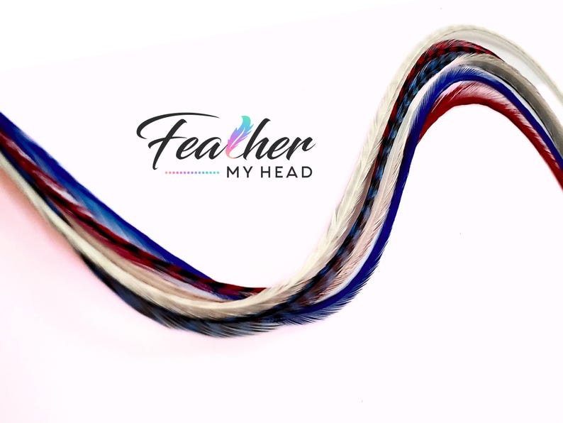 Patriotic hair accessory flat lay with hair feathers and tools, red white and blue set