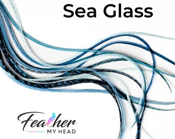 Hair Feathers - Real Feather Hair Extensions - 16 PC - Shades of Blue - Lengths Up to 16 Inches Long - Optional Feather Kit - Sea Glass Mix