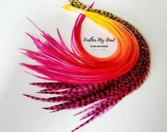 Feather Hair Extension Kit, (6) Multi Colored Tie Dye - Long Feathers 9 to 12 inches- Boogie Nights