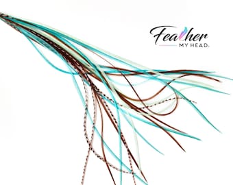 Hair Feather Extensions, 6 Hair Feathers, Brown, Blue, Green, Coral - Long Feathers Over 16 Inches - Optional Feather Kit - Bohemian Cowgirl