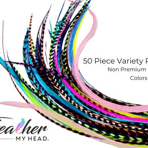 May include: A pack of 50 assorted feather hair extensions. The feathers are in a variety of colors, including pink, blue, green, and purple. The feathers are arranged in a semi-circle shape. The text "50 Piece Variety Pack Non Premium Grade Colors Vary" is printed on a white background.