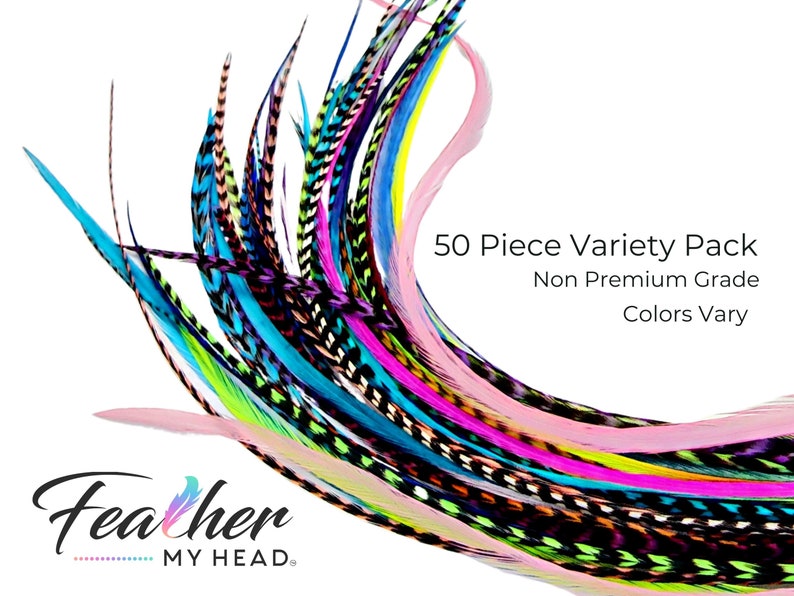 May include: A pack of 50 assorted feather hair extensions. The feathers are in a variety of colors, including pink, blue, green, and purple. The feathers are arranged in a semi-circle shape. The text "50 Piece Variety Pack Non Premium Grade Colors Vary" is printed on a white background.