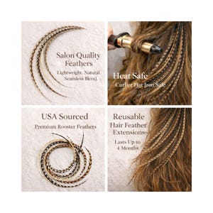 Feature graphic for Feather My Head premium feather hair extensions showing heat safe reusable USA sourced feathers