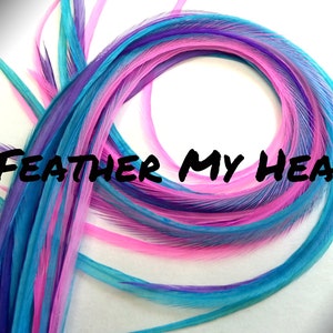 Blue, Blue and Purple Hair Feather Extensions. Long Lengths and Hair Feather Kit Available- Cotton Candy Mix